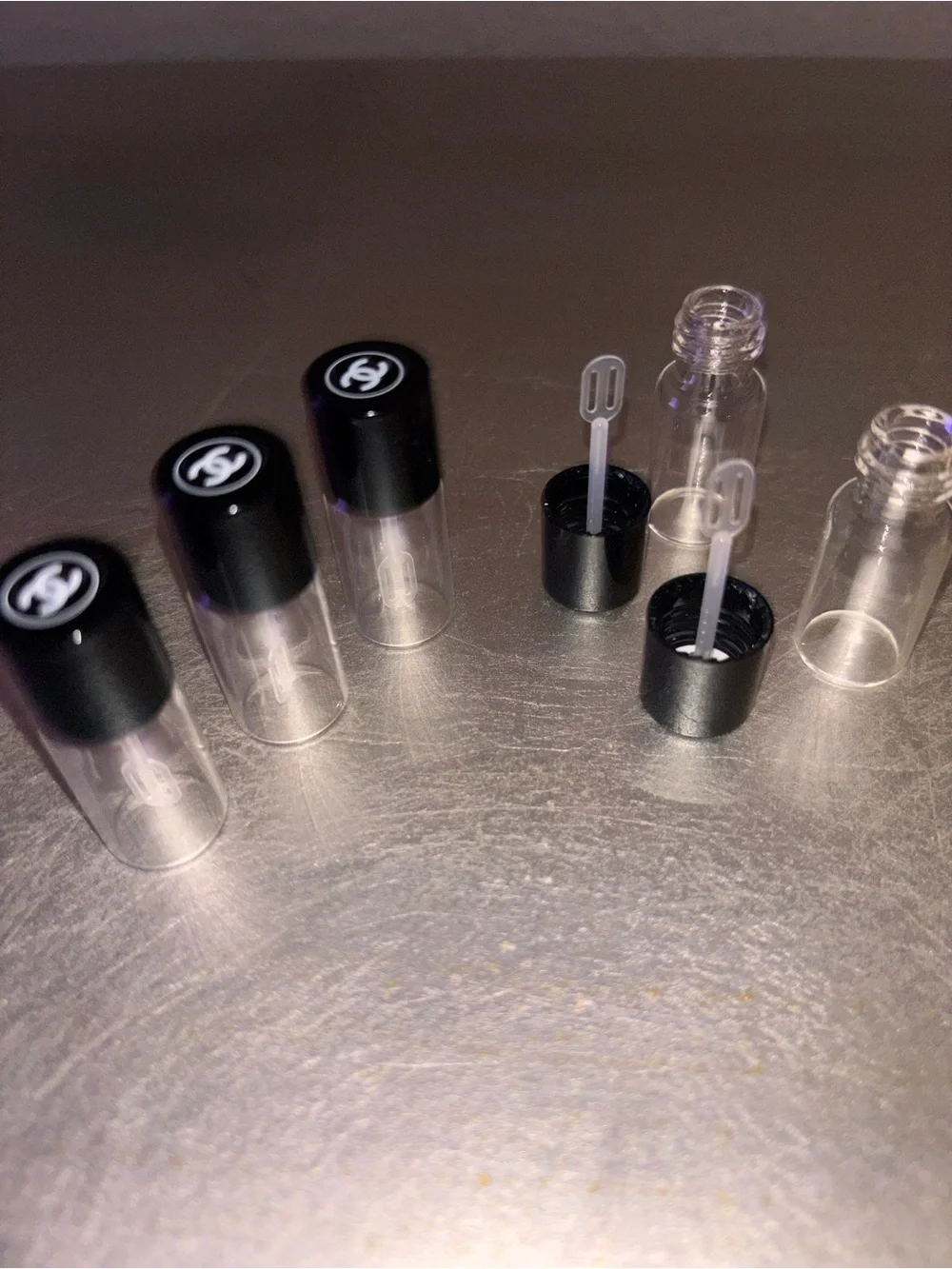 CHANEL Mini Clear Lip Gloss Vials with Black Logo Caps